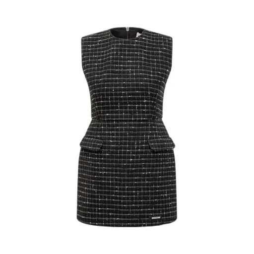 Msgm Checked Embellished Sleeveless Tweed Mini Dress
