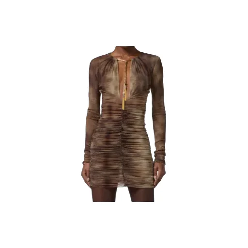 Elisabetta Franchi Printed Gathered Cut-Out Neckline Dress