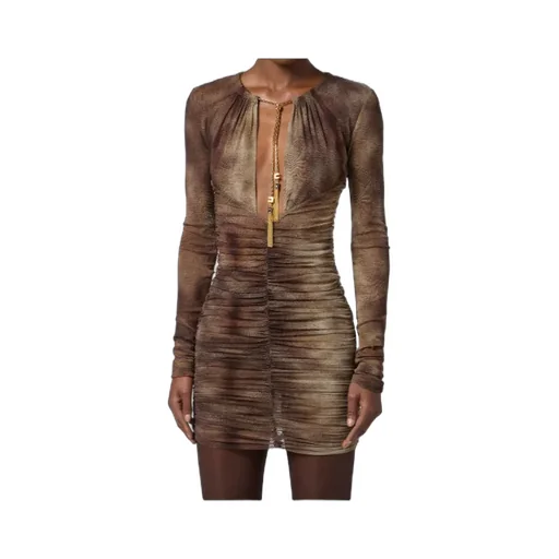Elisabetta Franchi Printed Gathered Cut-Out Neckline Dress