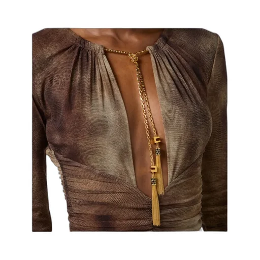 Elisabetta Franchi Printed Gathered Cut-Out Neckline Dress