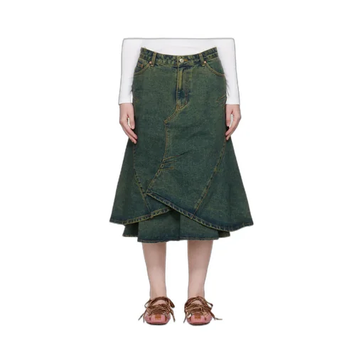 Flared Layered Denim Midi Skirt