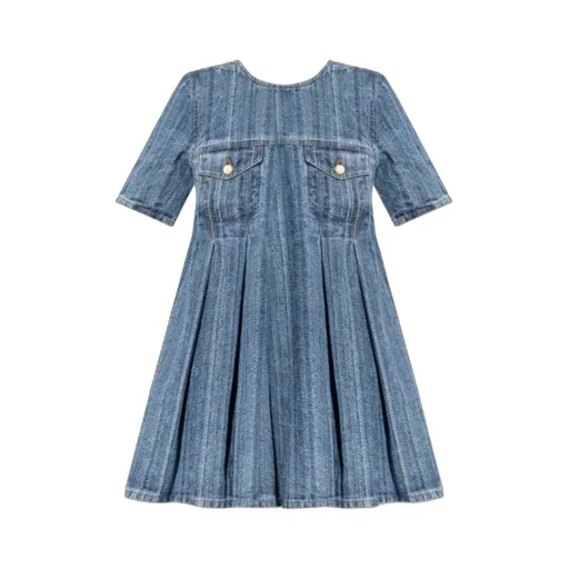 Striped Denim Pleated Mini Dress