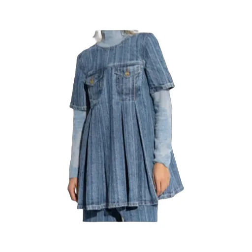 Striped Denim Pleated Mini Dress