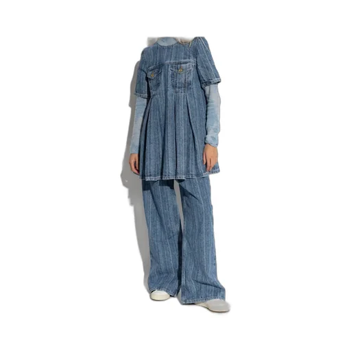Striped Denim Pleated Mini Dress