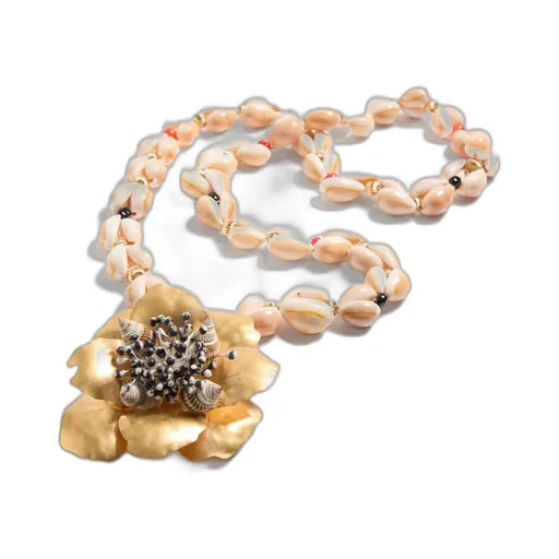 Jardin Aquatique Necklace In Metal, Fabric, Shells, Coral And Onyx