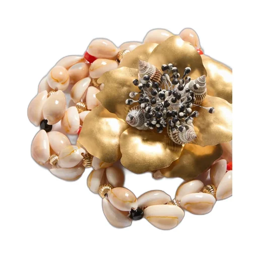 Jardin Aquatique Necklace In Metal, Fabric, Shells, Coral And Onyx