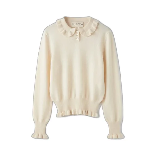 Ruffled-Collar Cashmere Polo Top