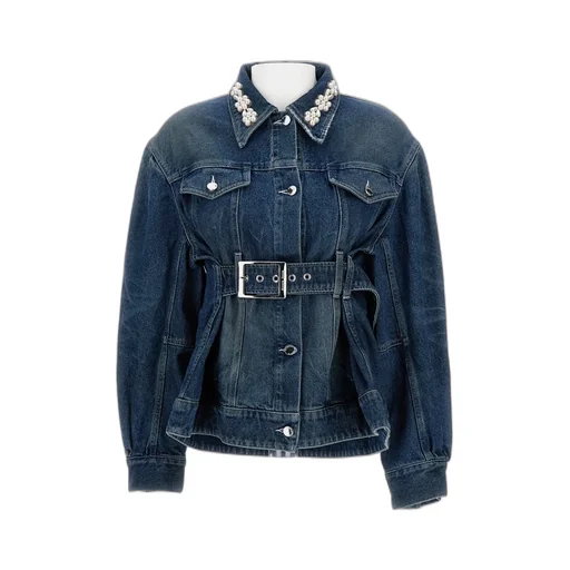 Pearl-Embellished Belted Denim Jacket
