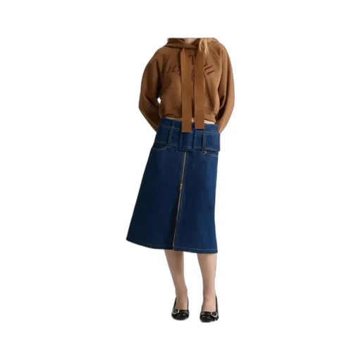 Zip-Front Belted Denim Skirt