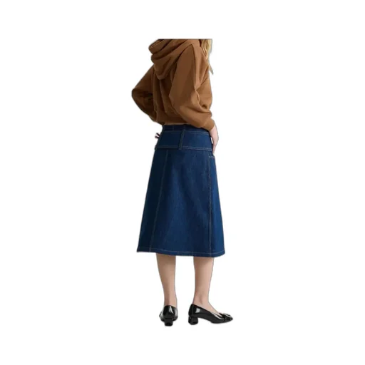 Zip-Front Belted Denim Skirt