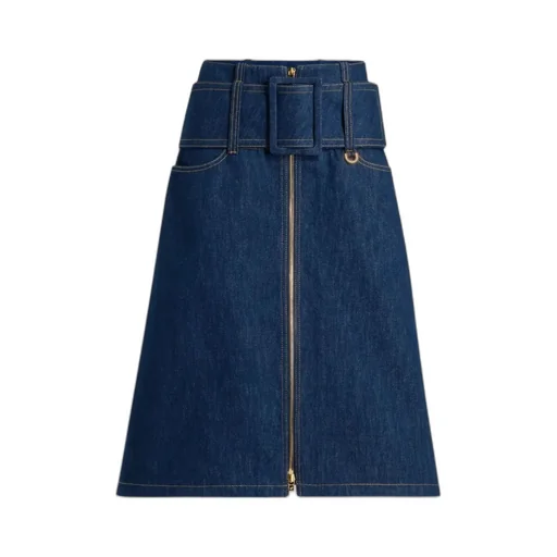 Zip-Front Belted Denim Skirt
