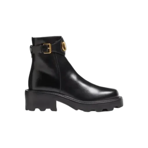Valentino Logo Plaque Buckle Detailed Ankle Boots