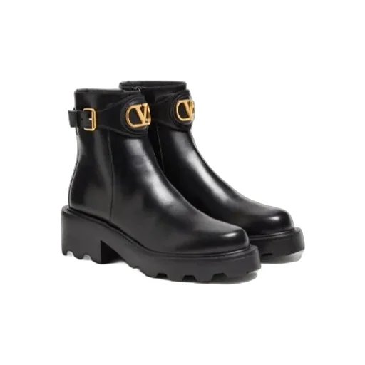 Valentino Logo Plaque Buckle Detailed Ankle Boots