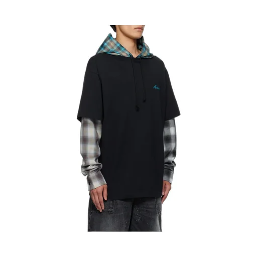 Plaid-Paneled Hooded Top