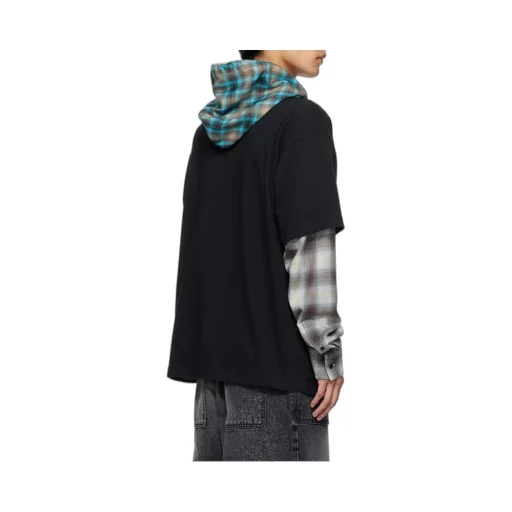 Plaid-Paneled Hooded Top