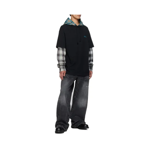 Plaid-Paneled Hooded Top