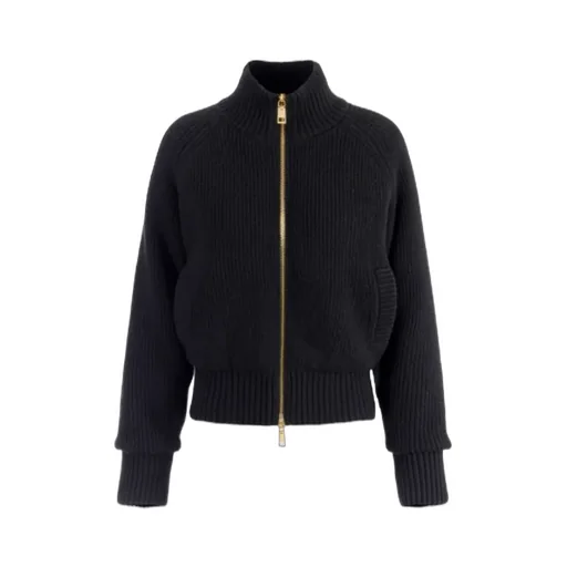 Ribbed-Knit Zip-Front Bomber Jacket