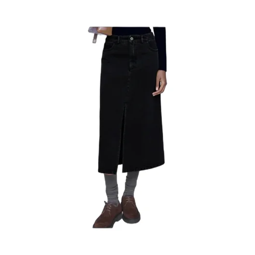Split-Front Denim Midi Skirt