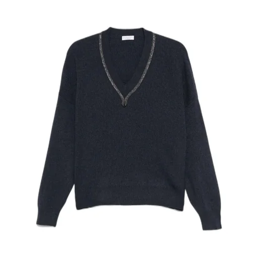 Monili-Trim V-Neck Cashmere Top