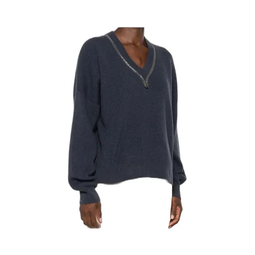 Monili-Trim V-Neck Cashmere Top