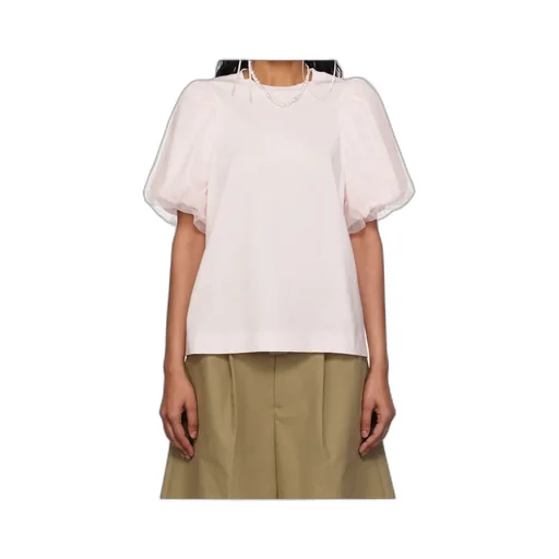 Tulle-Overlay Puff Sleeve T-Shirt