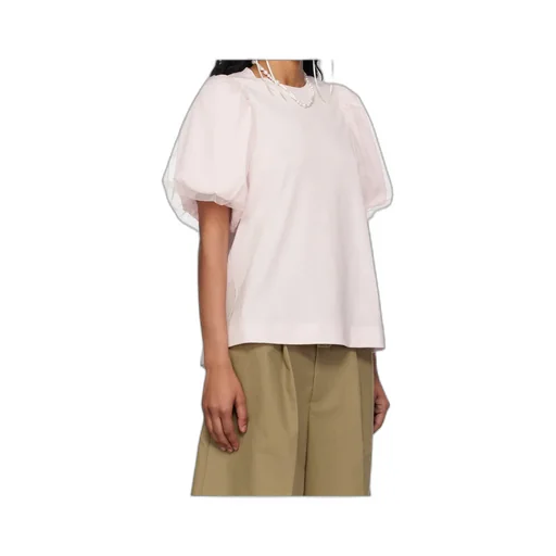 Tulle-Overlay Puff Sleeve T-Shirt