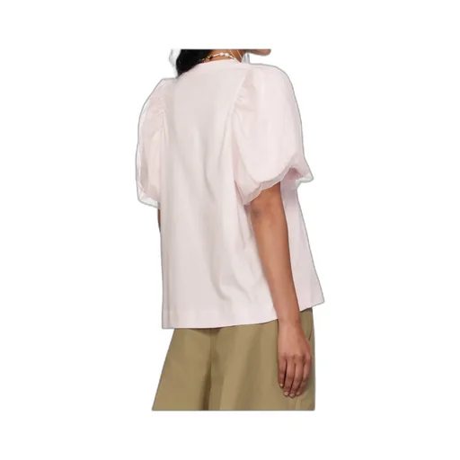 Tulle-Overlay Puff Sleeve T-Shirt