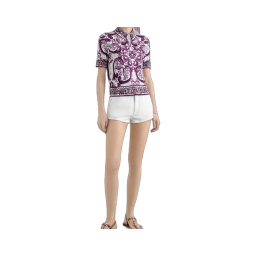 Majolica-Print Silk Polo Top