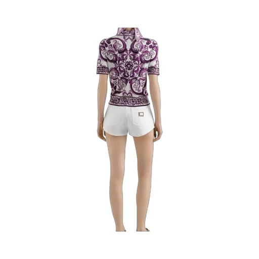 Majolica-Print Silk Polo Top