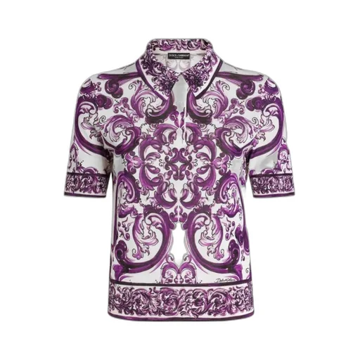 Majolica-Print Silk Polo Top