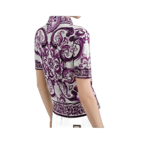 Majolica-Print Silk Polo Top