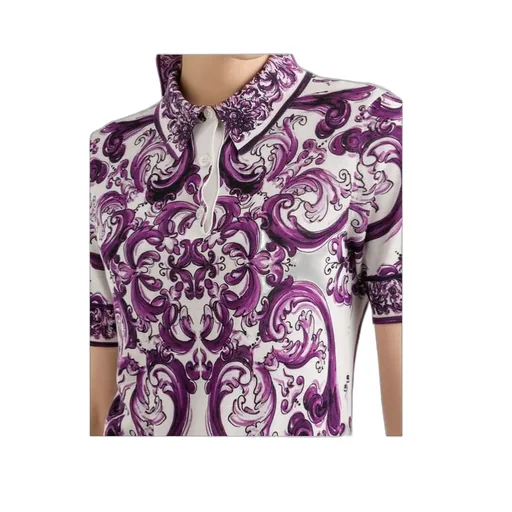 Majolica-Print Silk Polo Top