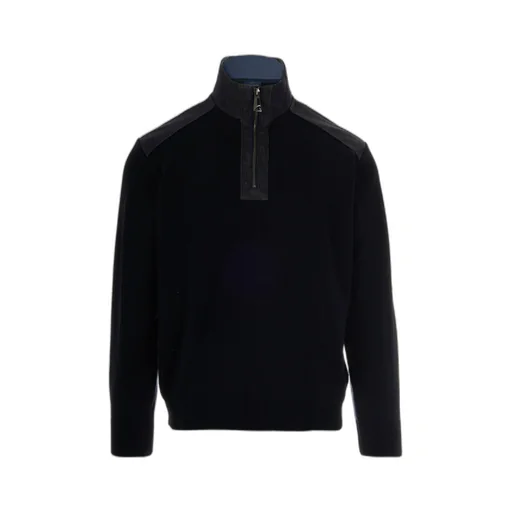 Half-Zip Denim-Panel Sweater