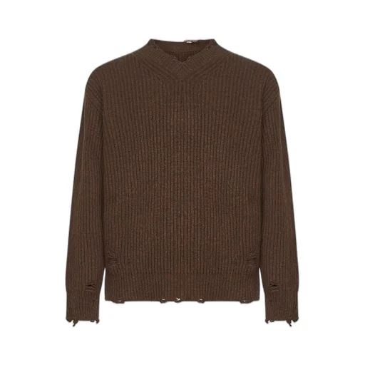 Ribbed V-Neck Distressed Sweater
