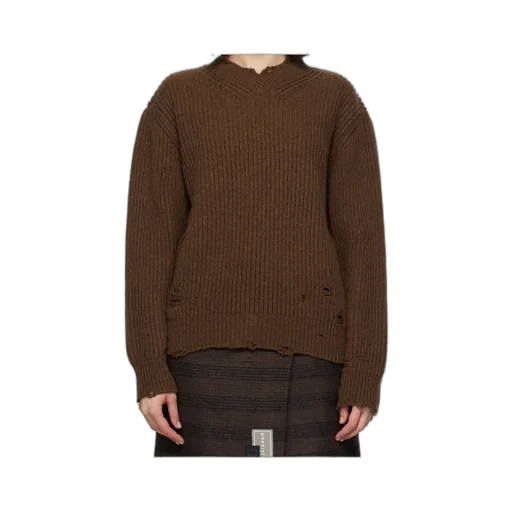 Ribbed V-Neck Distressed Sweater