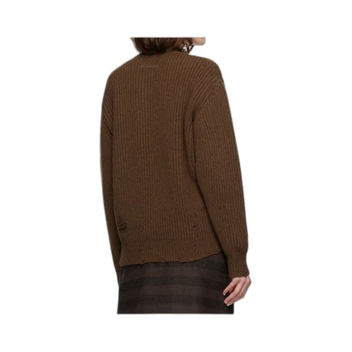 Ribbed V-Neck Distressed Sweater