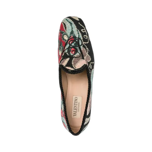 Floral-Patterned Rope-Trimmed Loafers