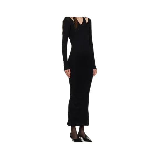 Black Ribbed Twisted Double Layer Piercing Midi Dress