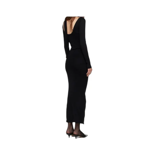Black Ribbed Twisted Double Layer Piercing Midi Dress
