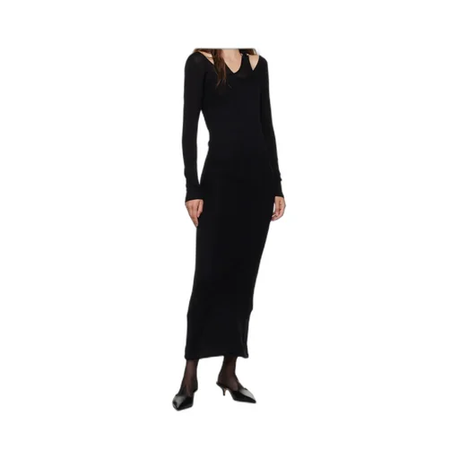 Black Ribbed Twisted Double Layer Piercing Midi Dress