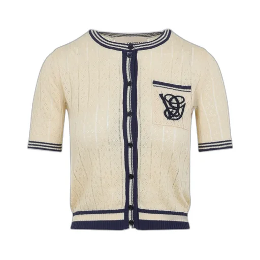 Embroidered-Pocket Short-Sleeve Cardigan