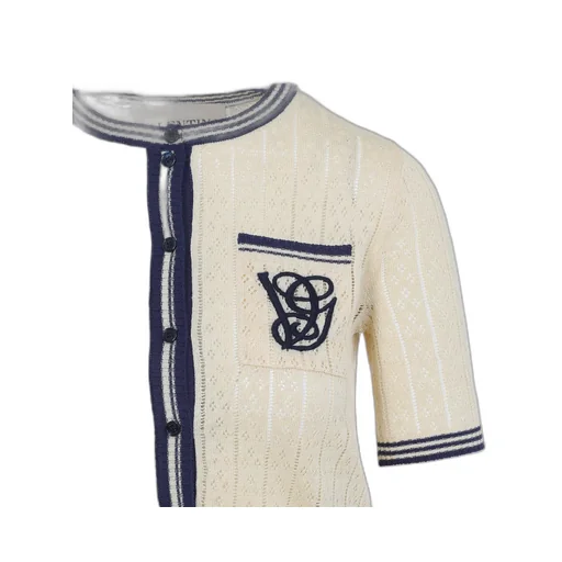 Embroidered-Pocket Short-Sleeve Cardigan