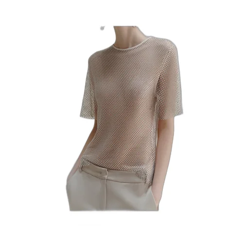 Rhinestone-Adorned Mesh T-Shirt - Wool White