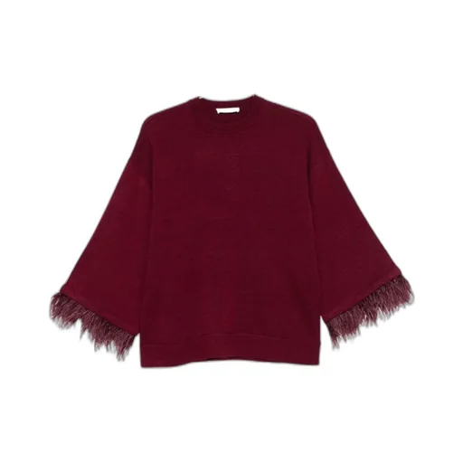 Knitted Sweater With Feather Trim At The Hood
