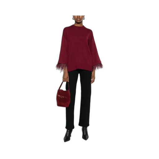 Knitted Sweater With Feather Trim At The Hood