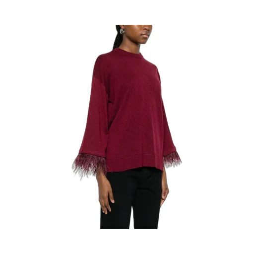 Knitted Sweater With Feather Trim At The Hood