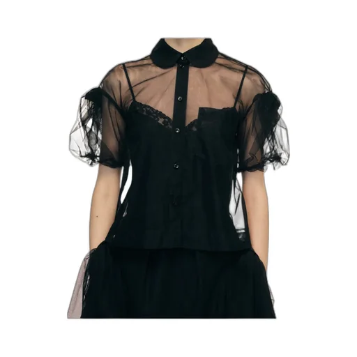 Sheer Cropped Bow Puff Sleeve Shirt