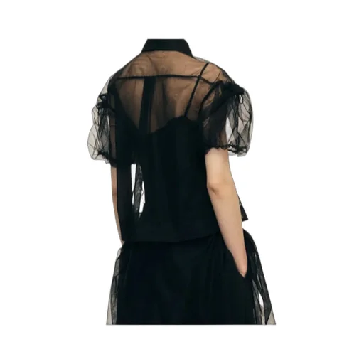 Sheer Cropped Bow Puff Sleeve Shirt