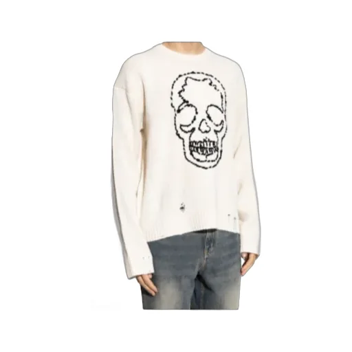 Skull-Embroidered Distressed Sweater