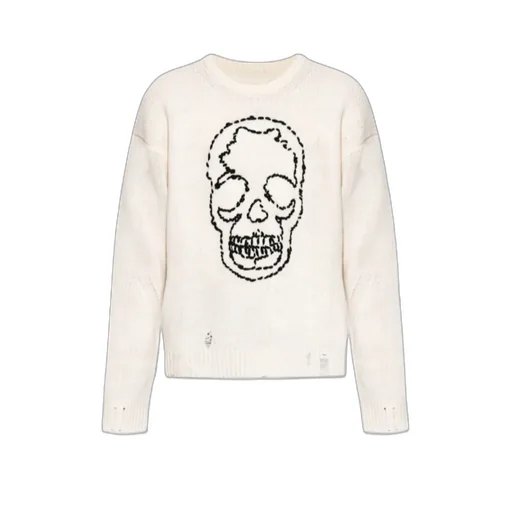 Skull-Embroidered Distressed Sweater
